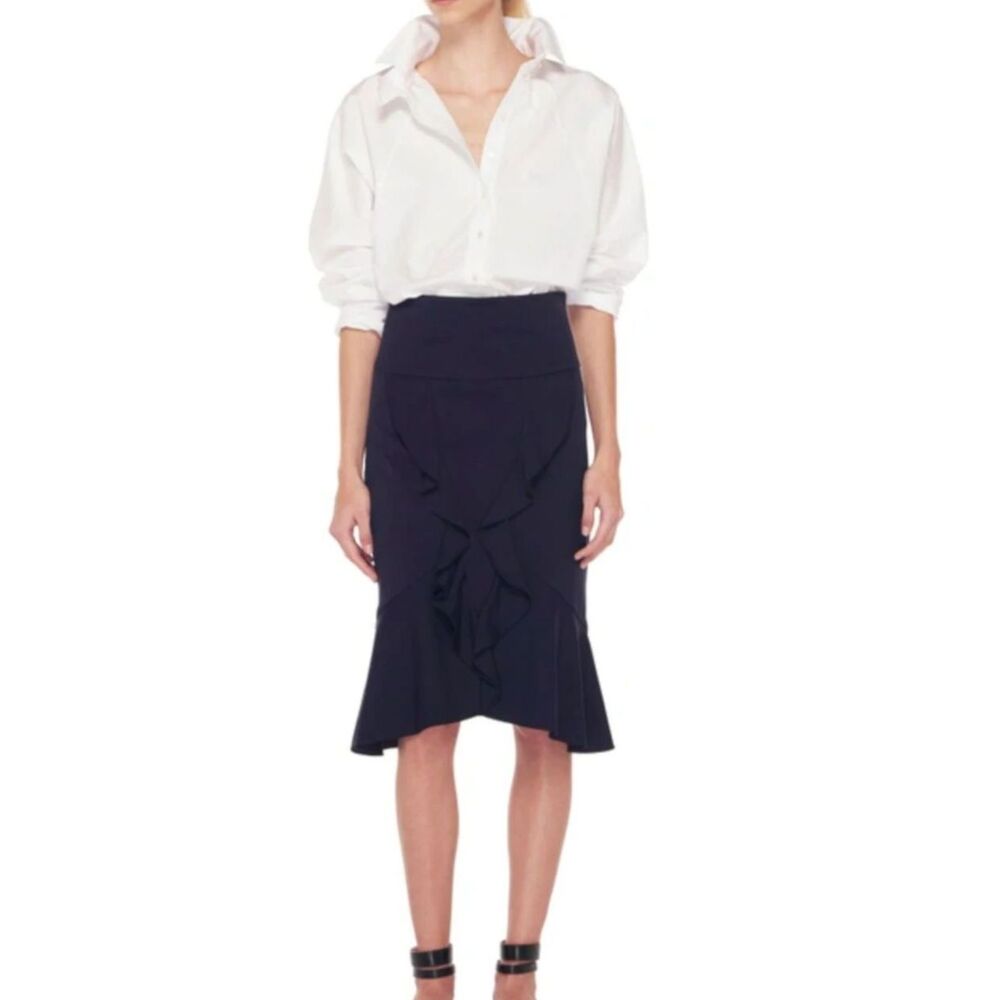 Marissa Webb High Waisted Ruffle Front Asymmetric Pencil Skirt Navy Blue XS